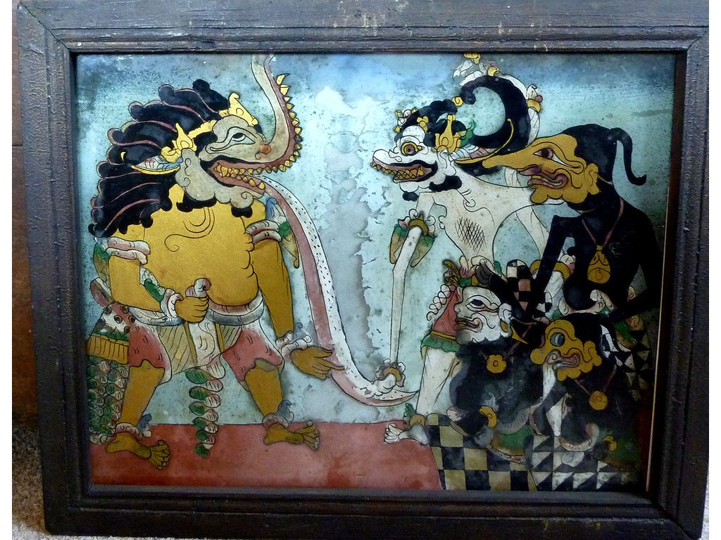 -glasspainting-Ramayana-Hanoman-Petruk-Gareng-Semar-crocodile-demon
